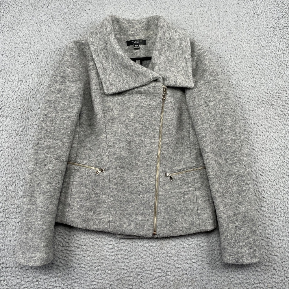 Ann Taylor Moto Jacket Womens XSP Grey Wool Blend Asymmetrical Zip Petite Coat